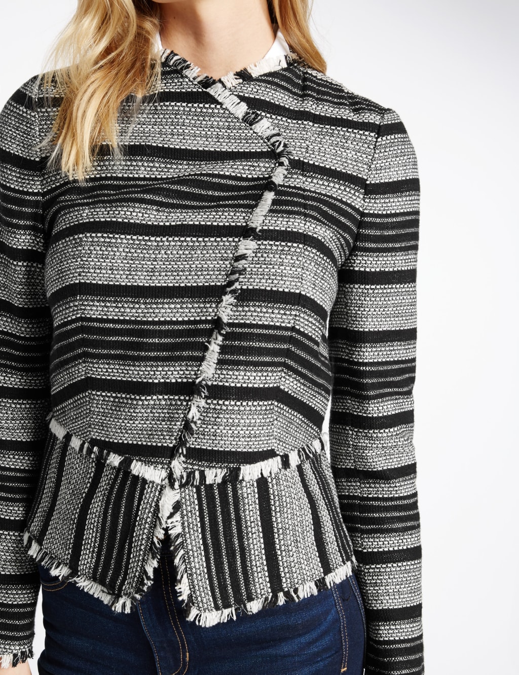 Fringe patched metallic stripe jacket clearance