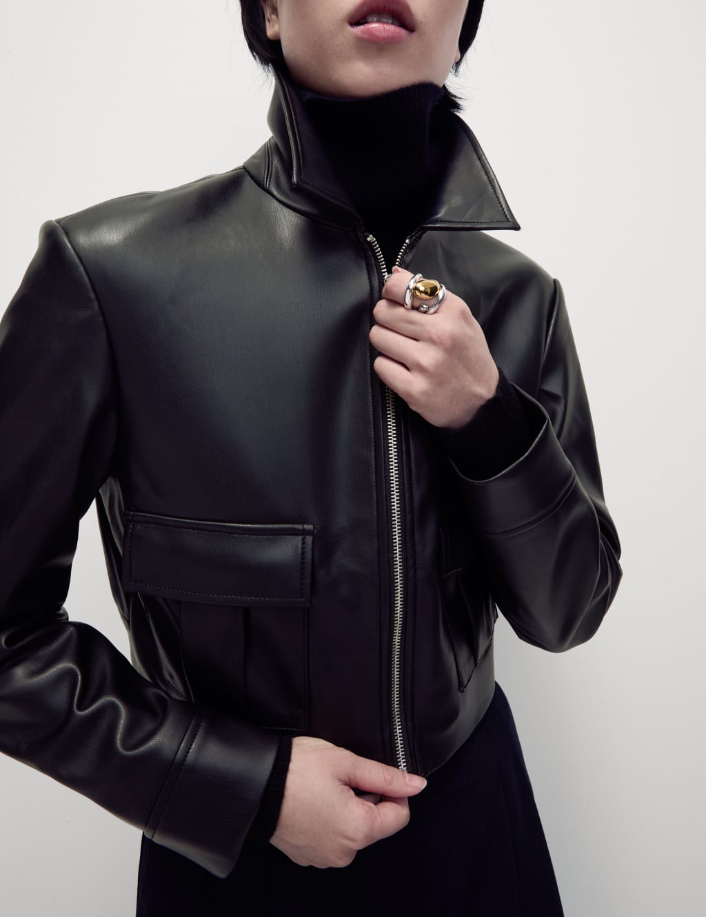 Faux Leather Collared Short Jacket M S Collection M S