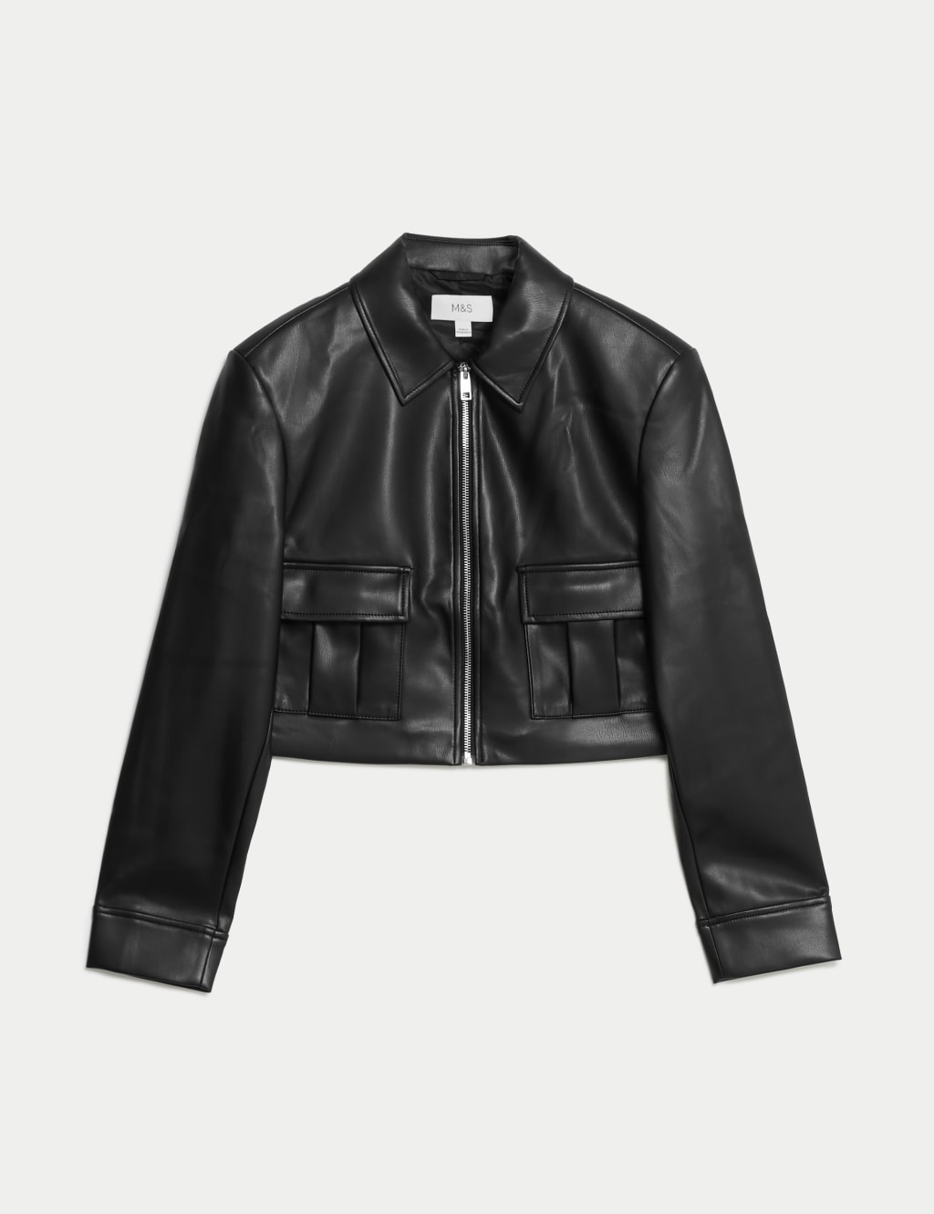 Faux Leather Collared Short Jacket M S Collection M S