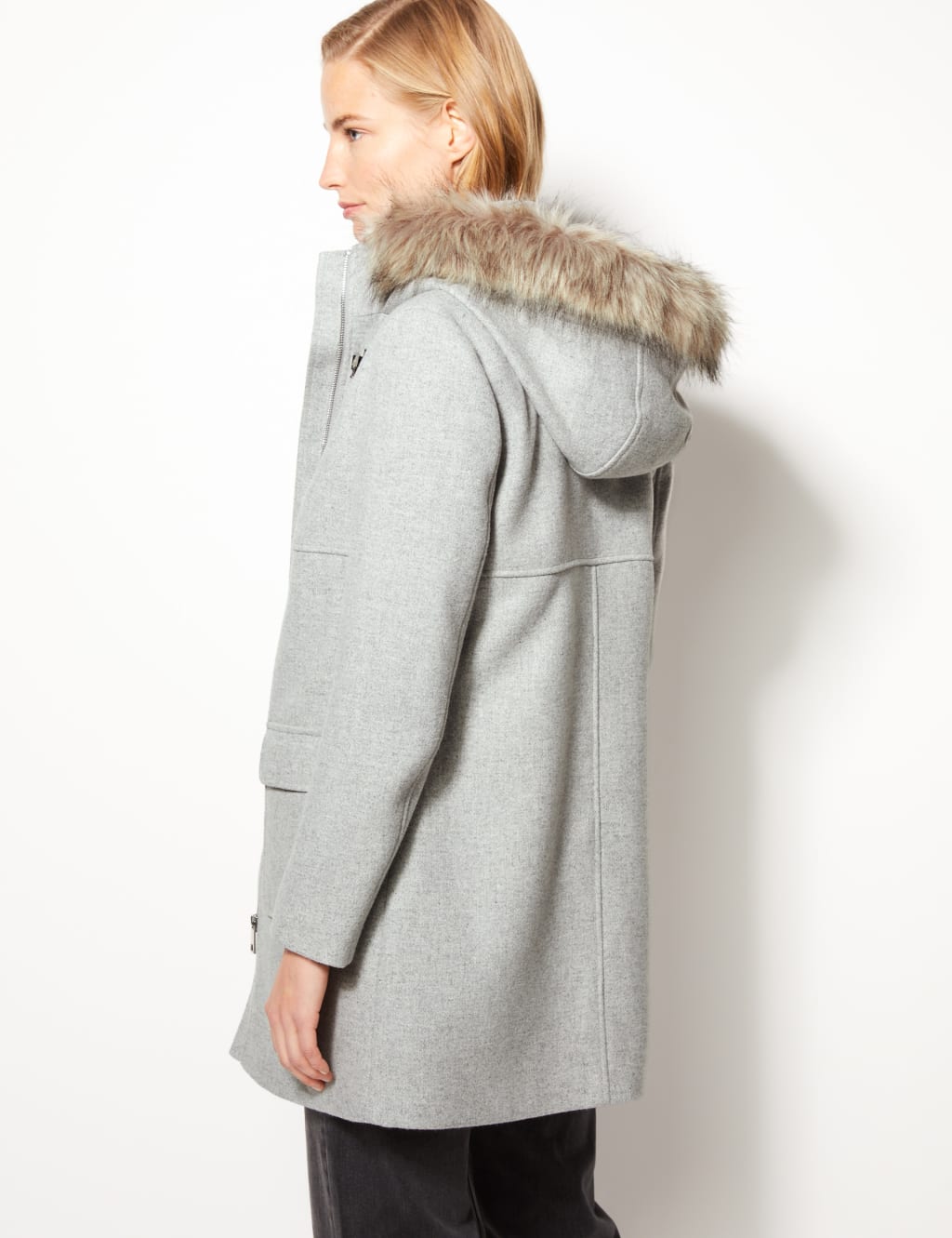 Wool blend twill duffle jacket with faux fur trim discount
