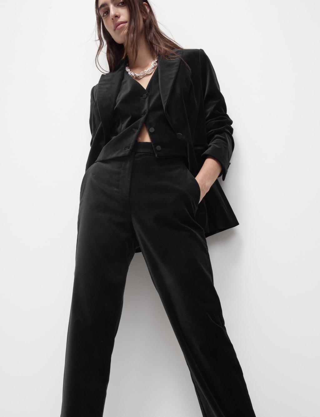 Cotton Rich Velvet Straight Leg Trousers