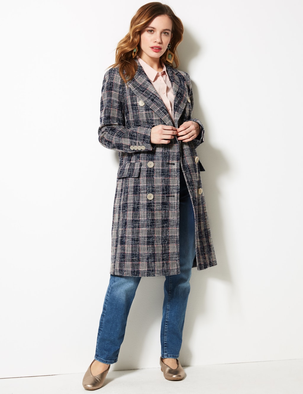 PETITE Checked Double Breasted Coat M S Collection M S
