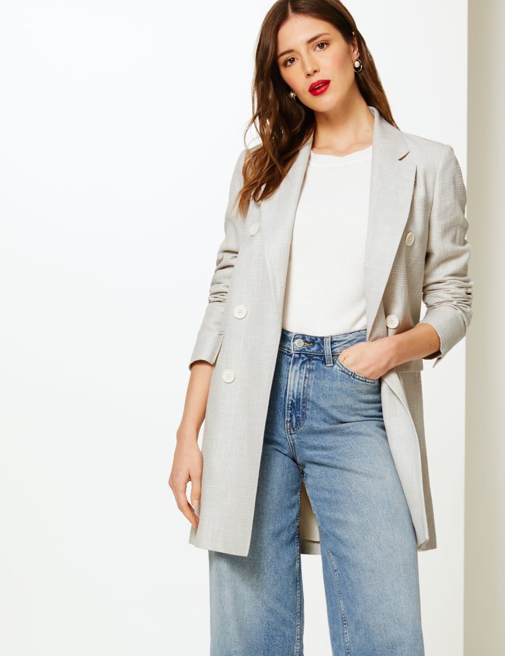 Checked Double Breasted Blazer with Linen M S Collection M S