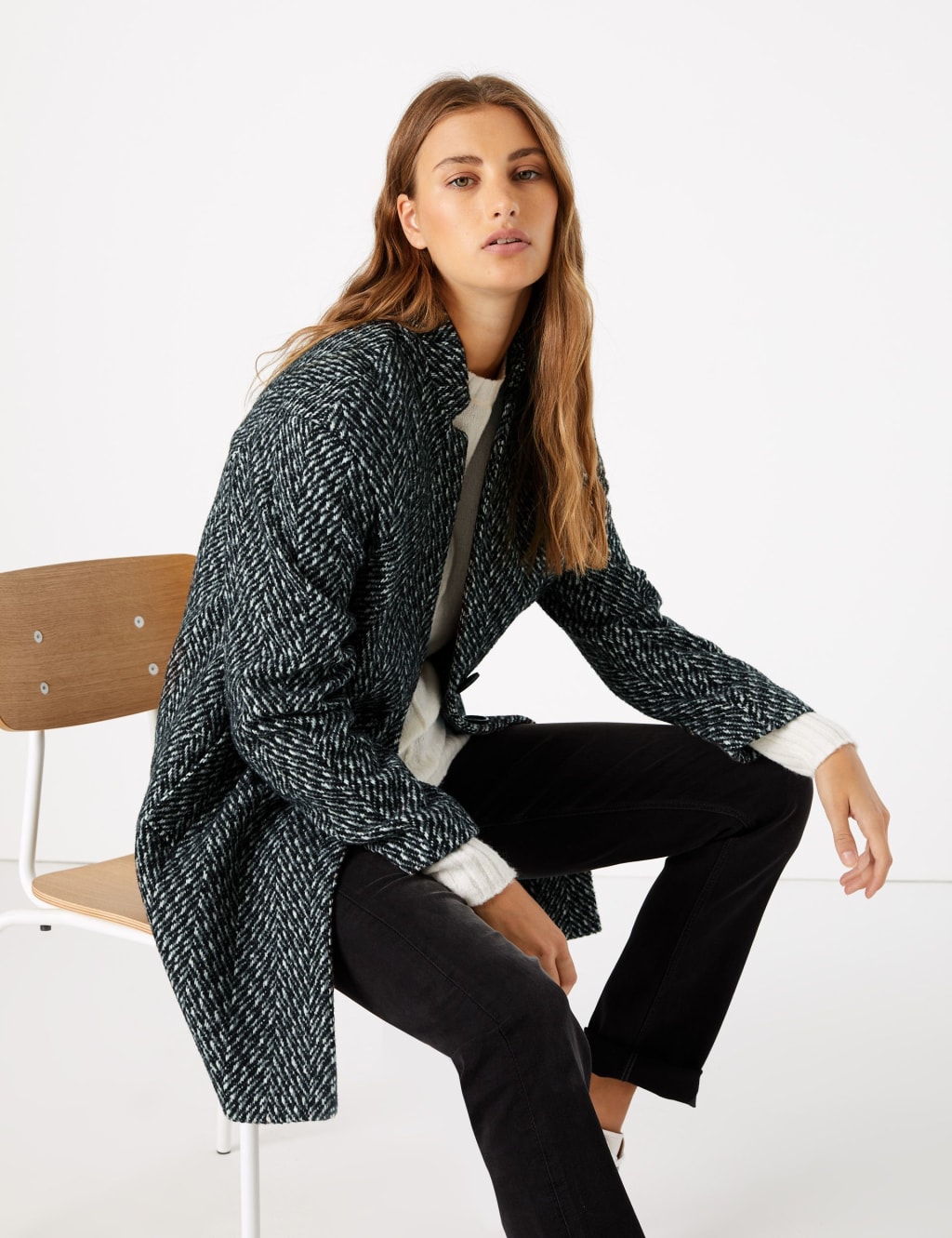 Herringbone Cocoon Coat with Wool M S Collection M S