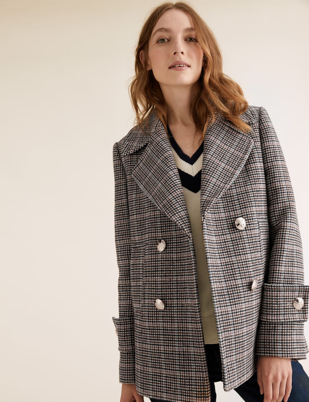 Checkered peacoat women's hotsell