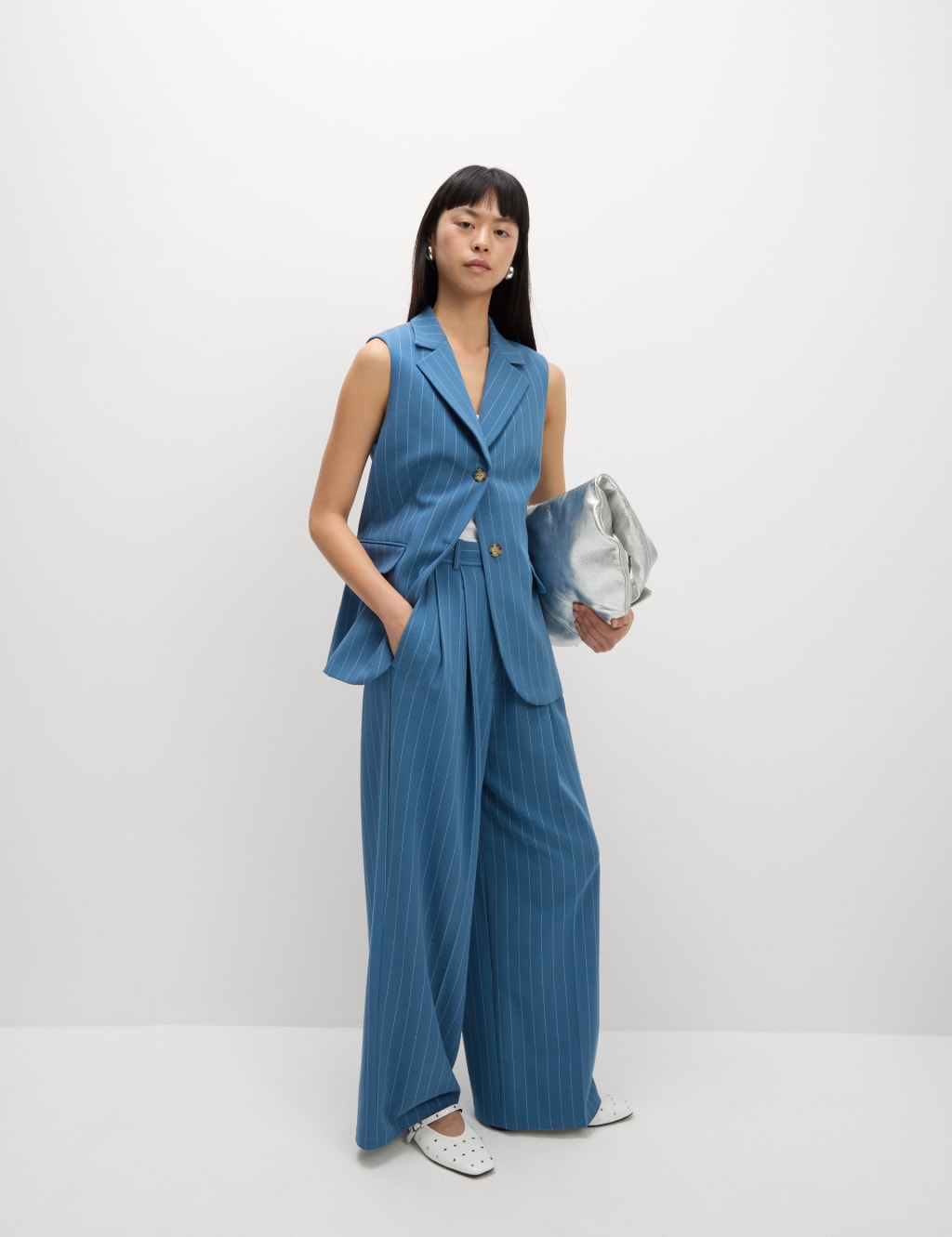 Pinstripe Pleat Front Wide Leg Trousers 1 of 4