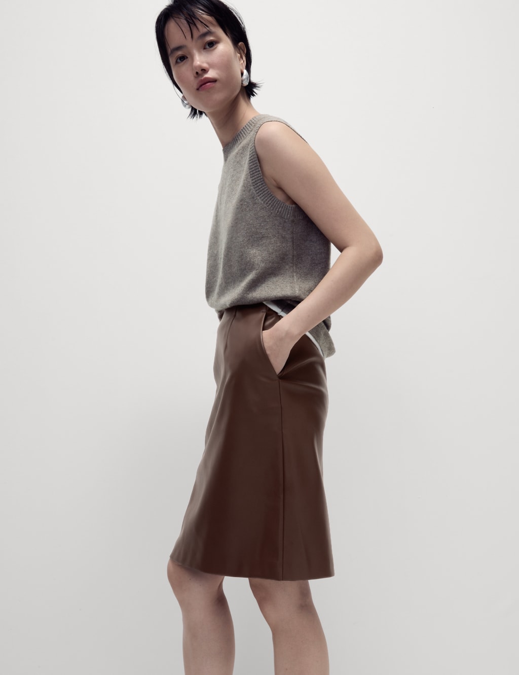 Leather Look Knee Length A Line Skirt
