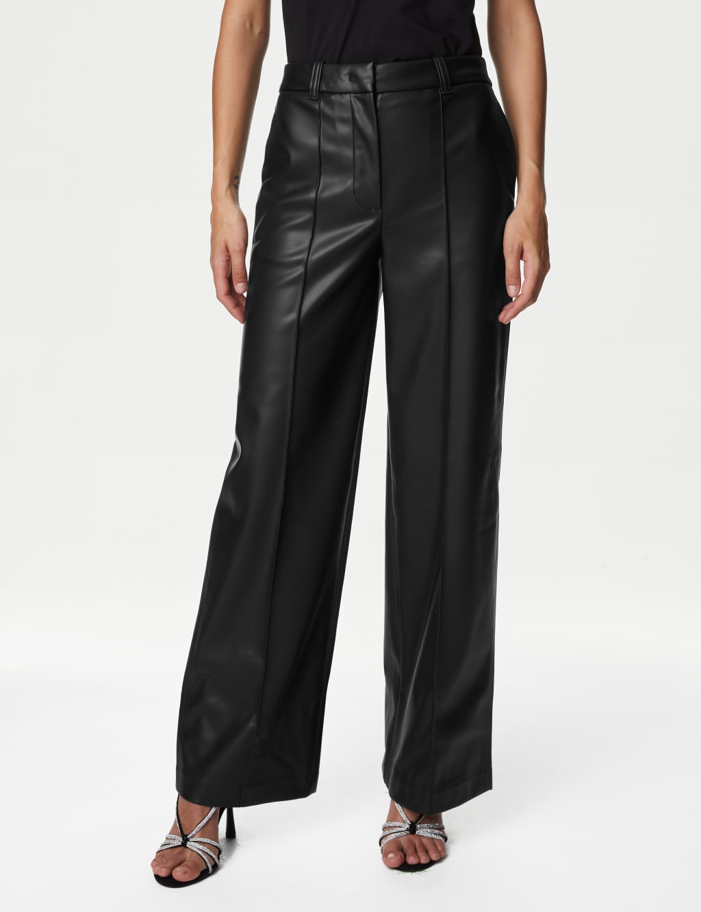 Leather Look Pintuck Wide Leg Trousers M S Collection M S
