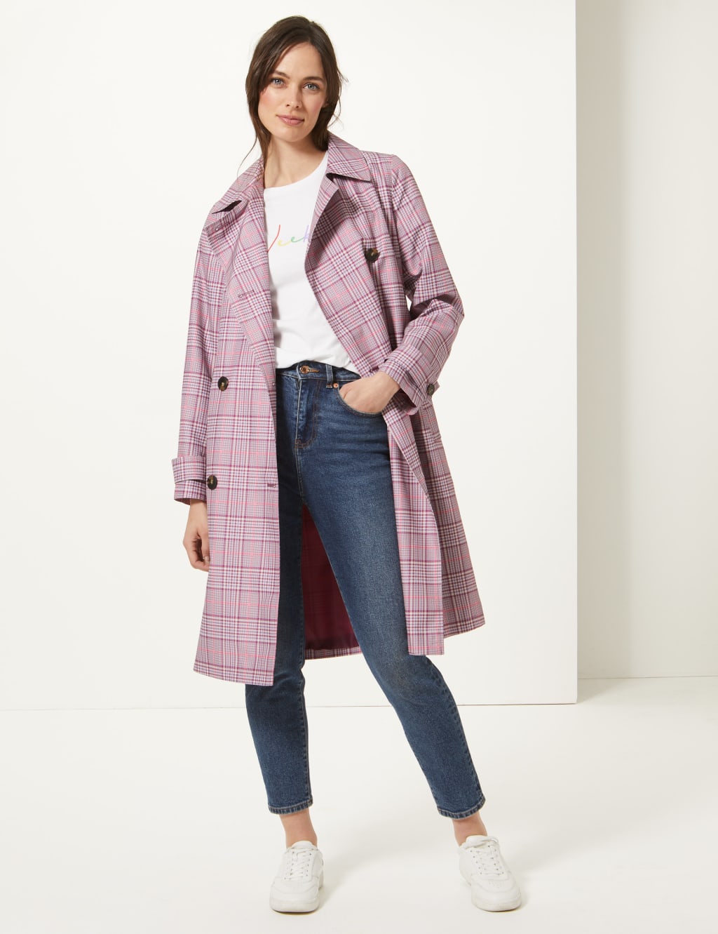 Checked Double Breasted Trench Coat M S Collection M S