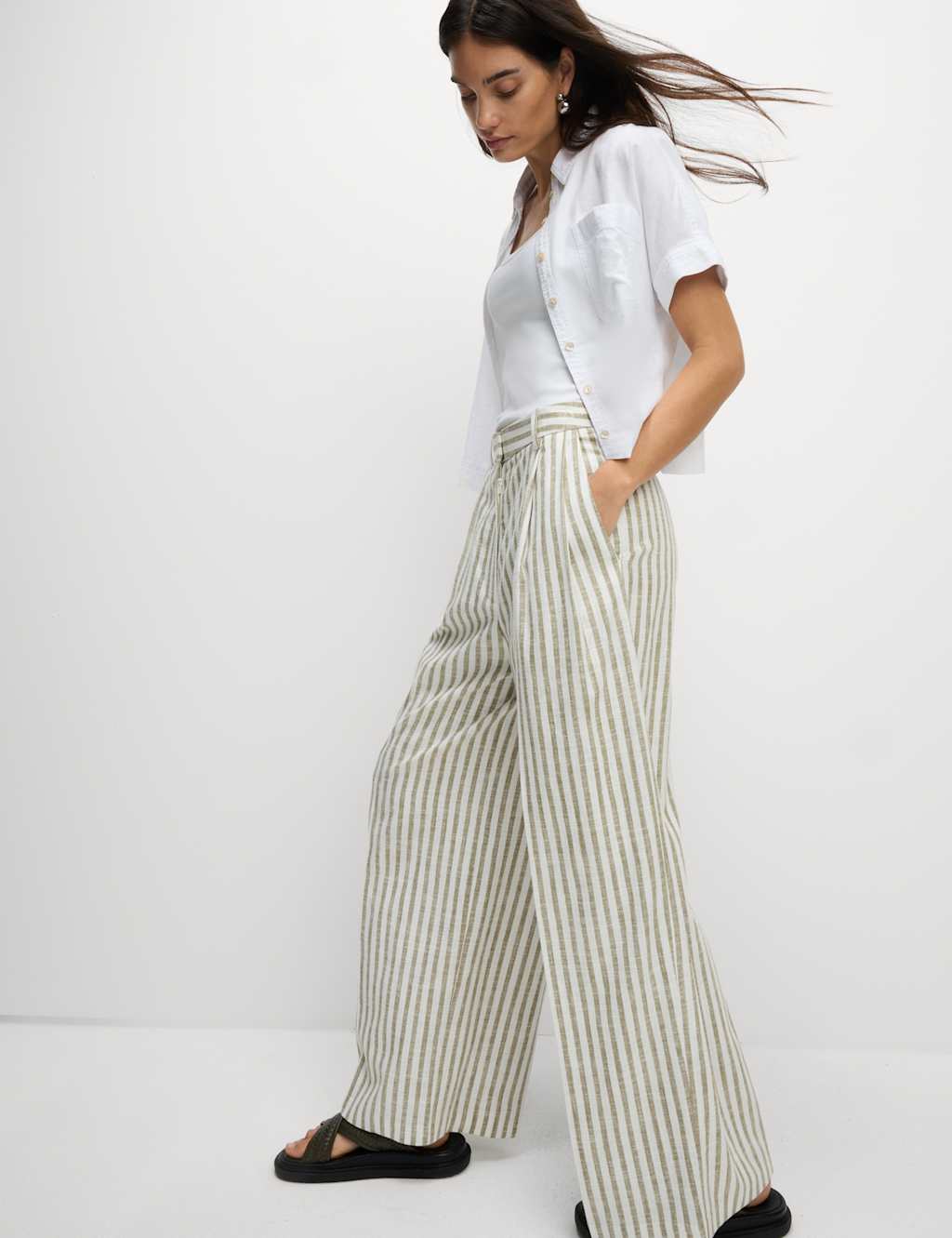 Linen Blend Striped Pleated Wide Leg Trousers 7 of 7