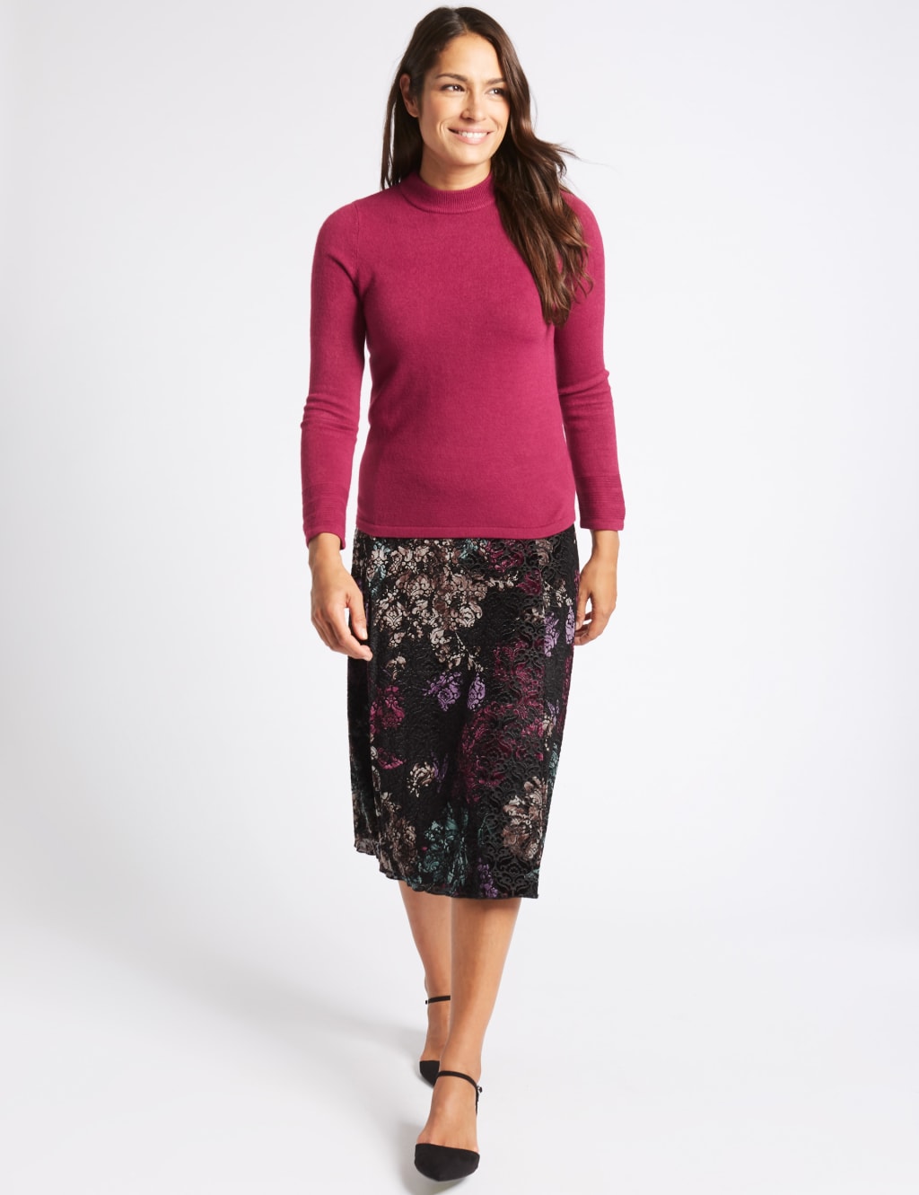 Floral Print Devore A-Line Midi Skirt 1 of 5