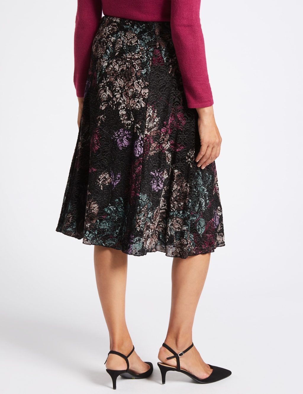 Floral Print Devore A-Line Midi Skirt 4 of 5