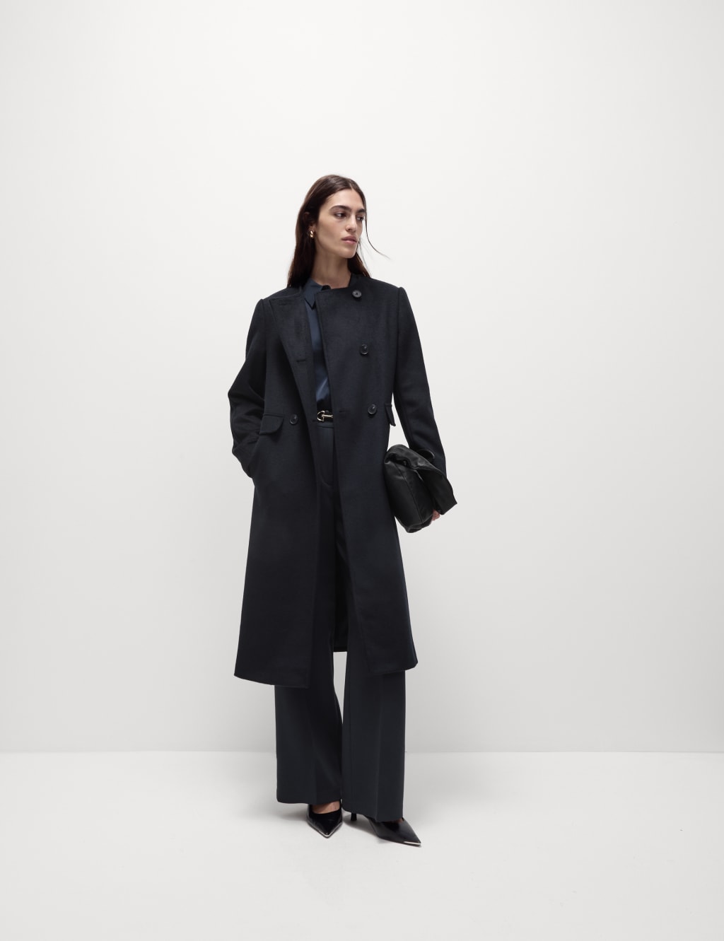 Collarless longline coat shop
