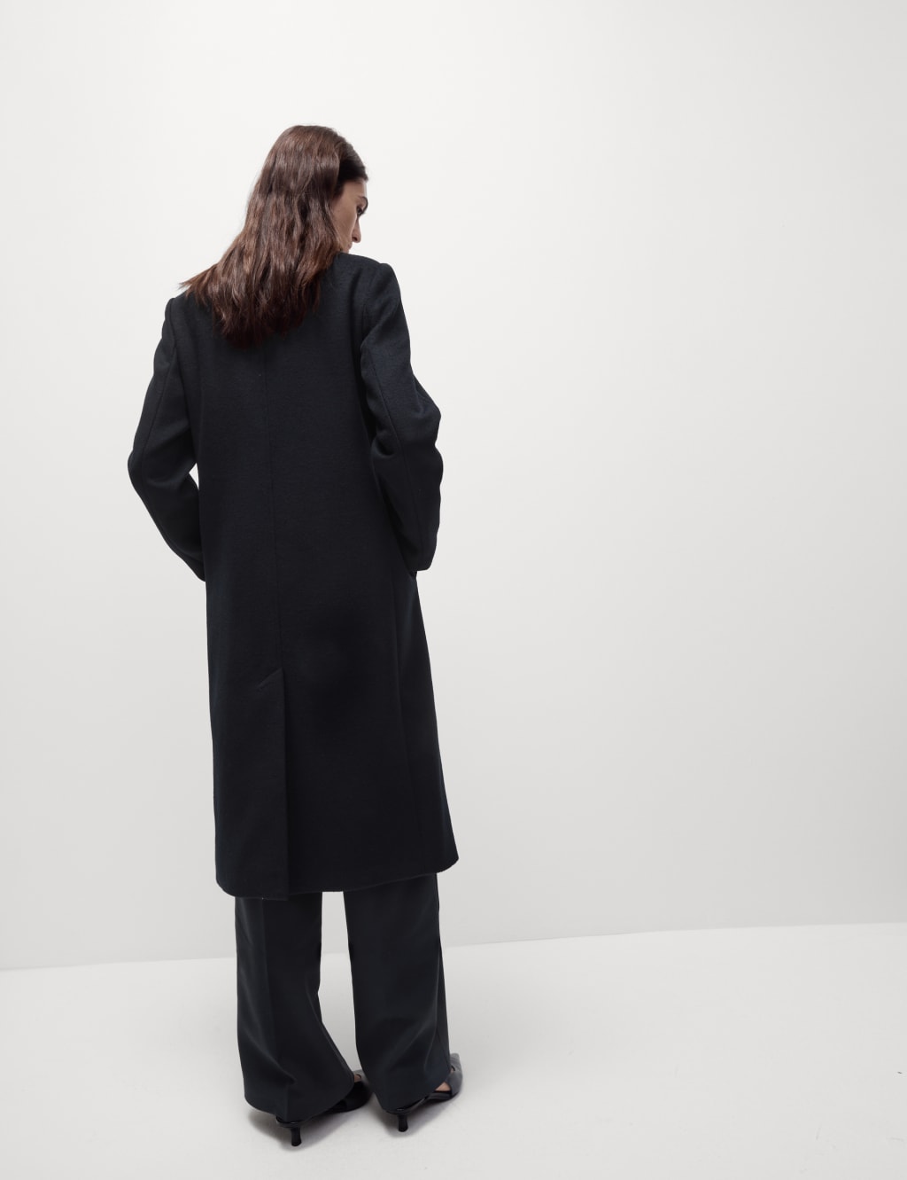 Collarless long coat store