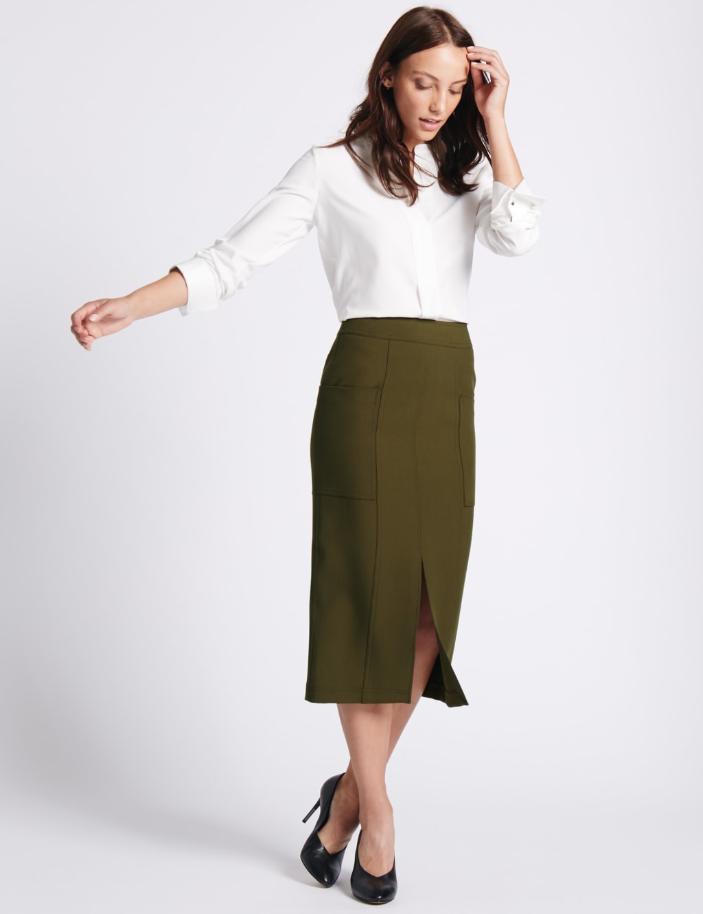 Front Split Patch Pocket Pencil Midi Skirt 3 of 5