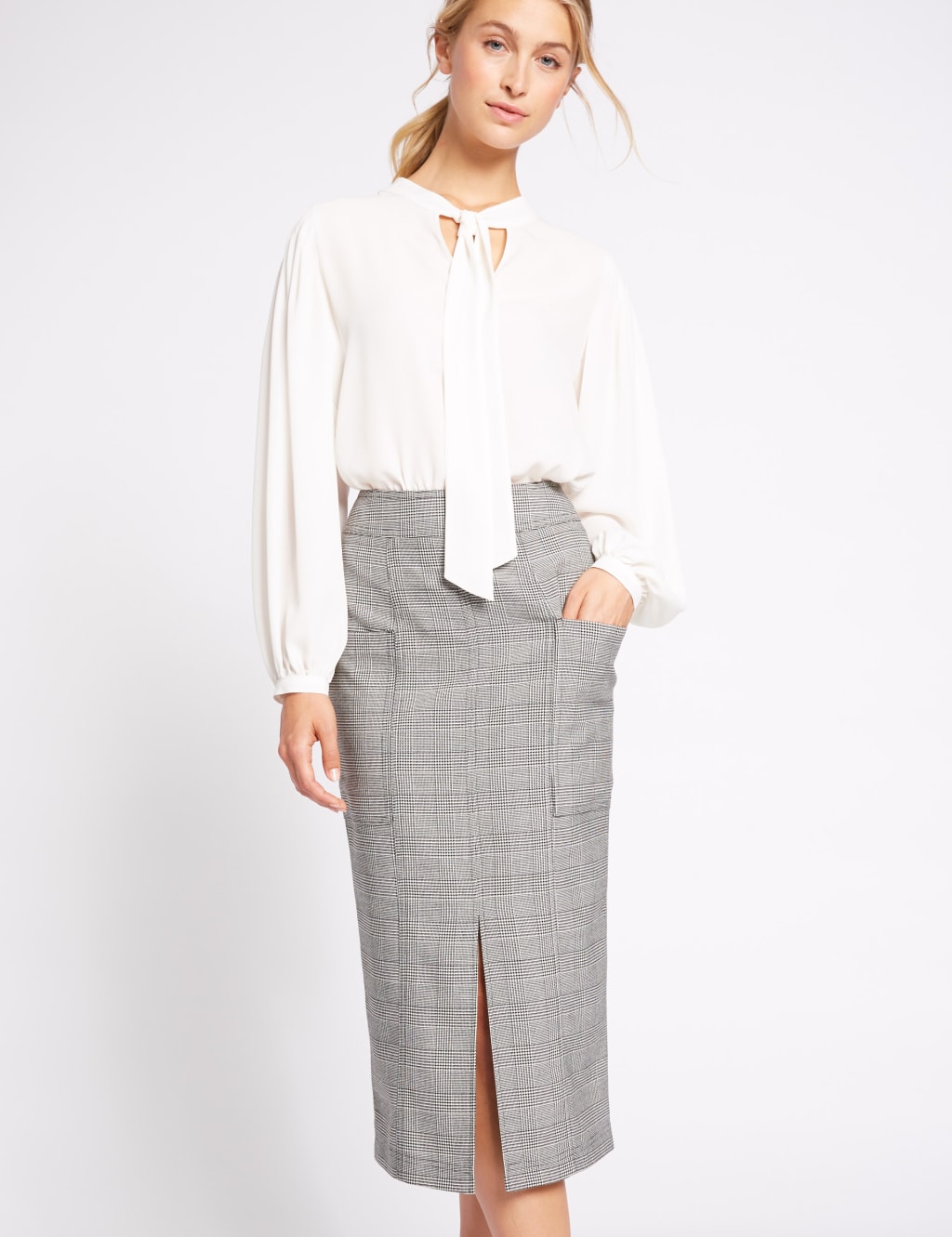 Checked Front Split Pencil Midi Skirt 3 of 5