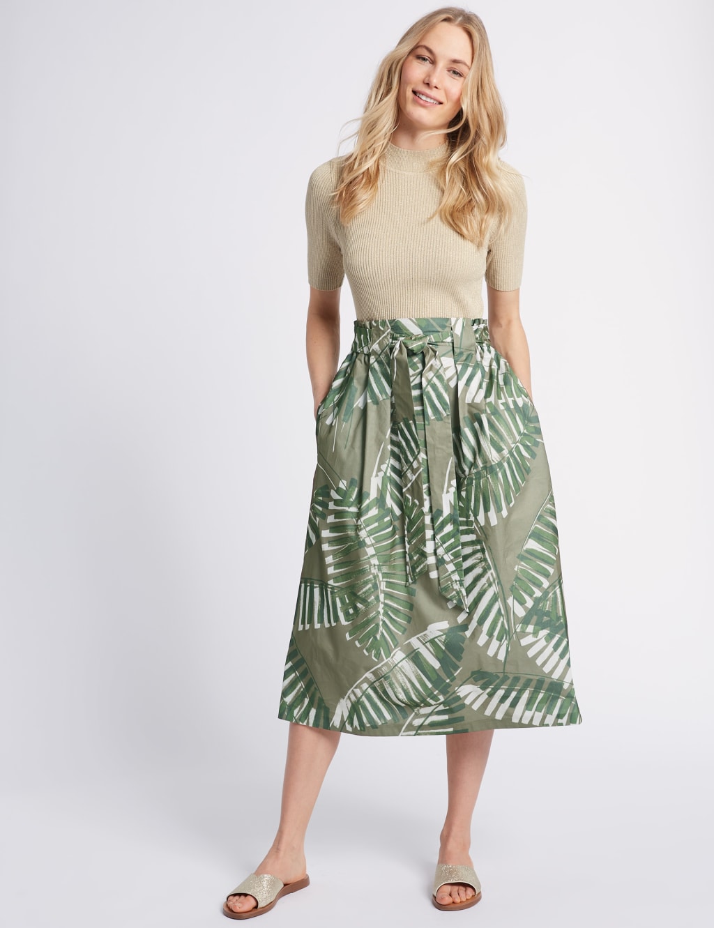 Cotton Rich Palm Print A Line Midi Skirt M S Collection M S