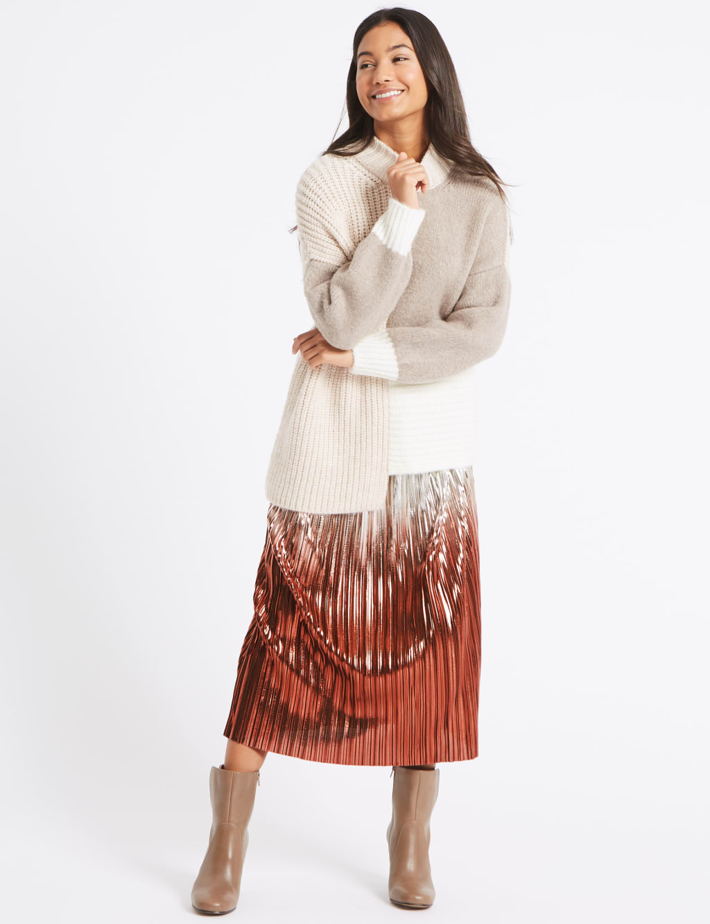 Metallic Dip Dye Pleated A-Line Midi Skirt 1 of 5