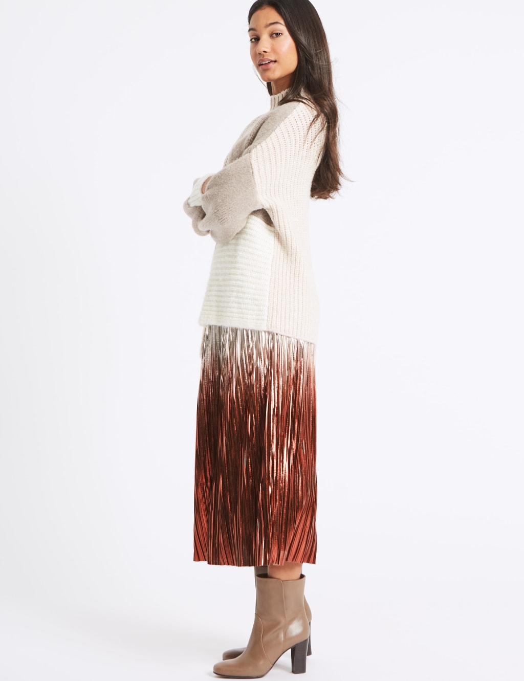 Metallic Dip Dye Pleated A-Line Midi Skirt 3 of 5