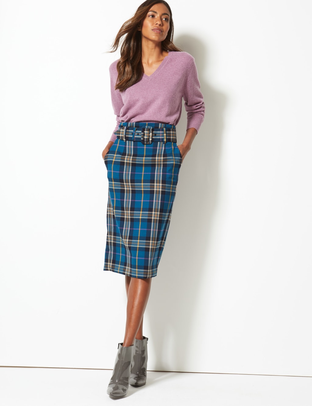 Plaid pencil skirt midi 2025
