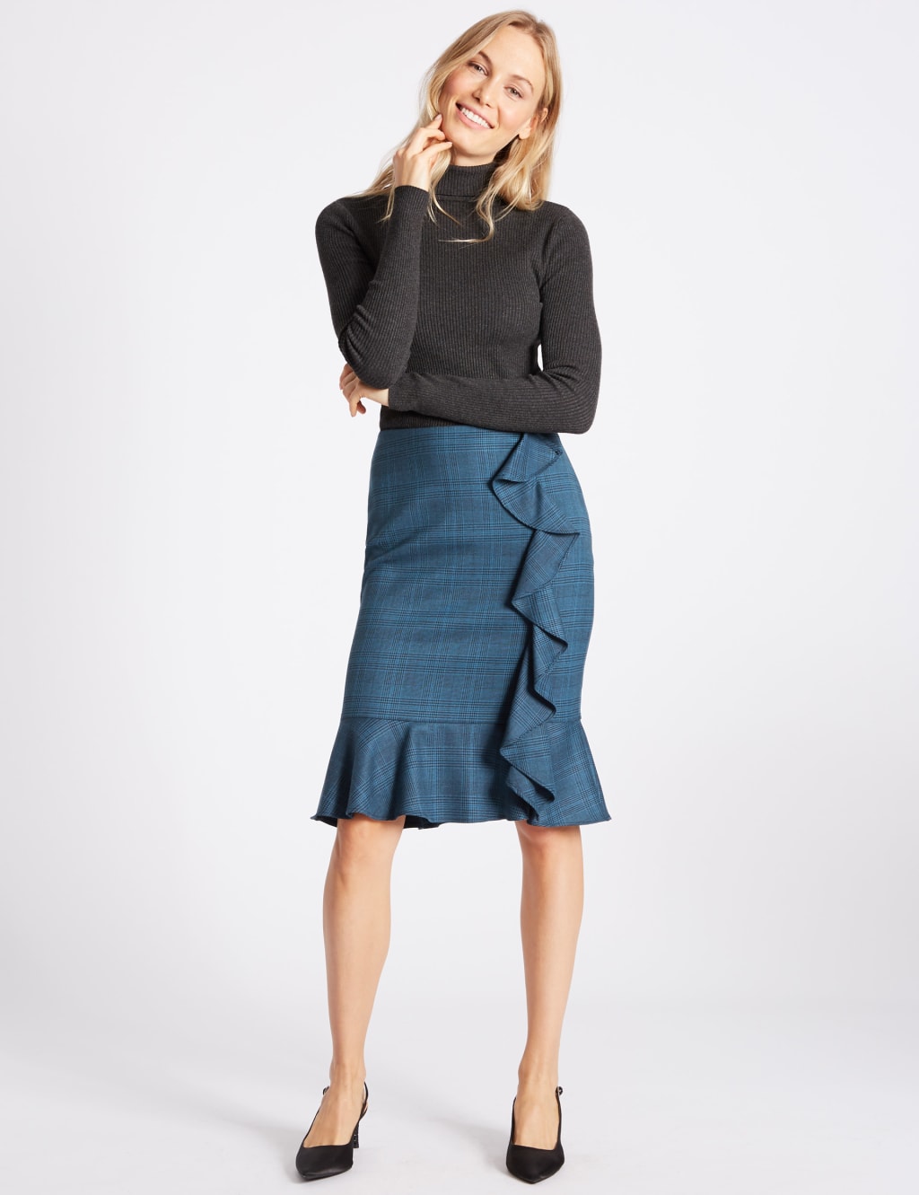 Checked Ruffle Pencil Midi Skirt 1 of 6
