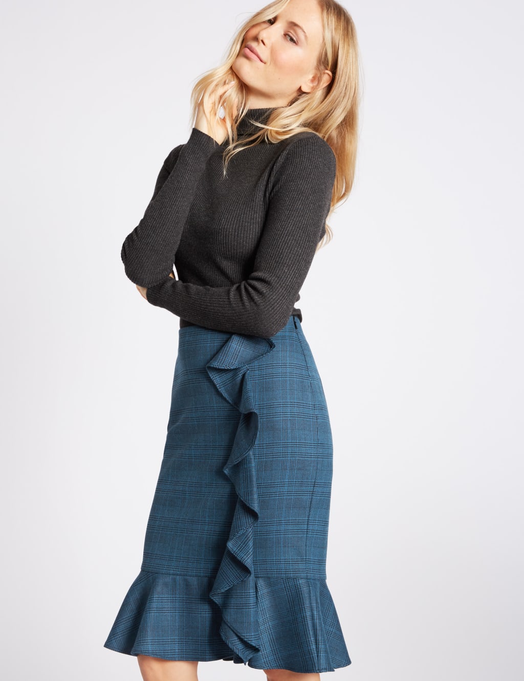 Checked Ruffle Pencil Midi Skirt 3 of 6