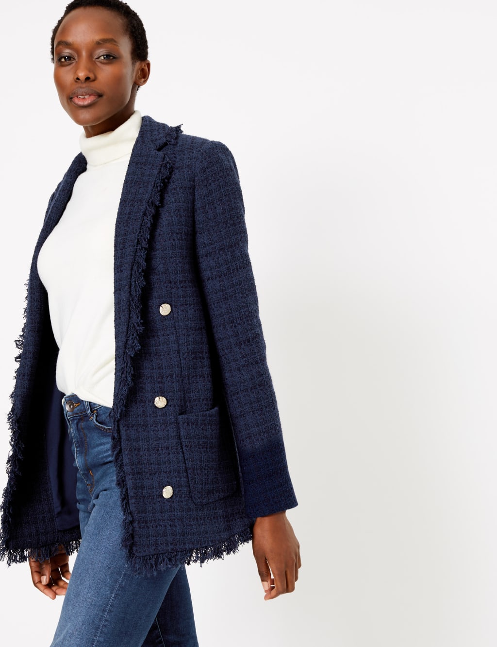 Cotton Blend Tweed Longline Blazer M S Collection M S