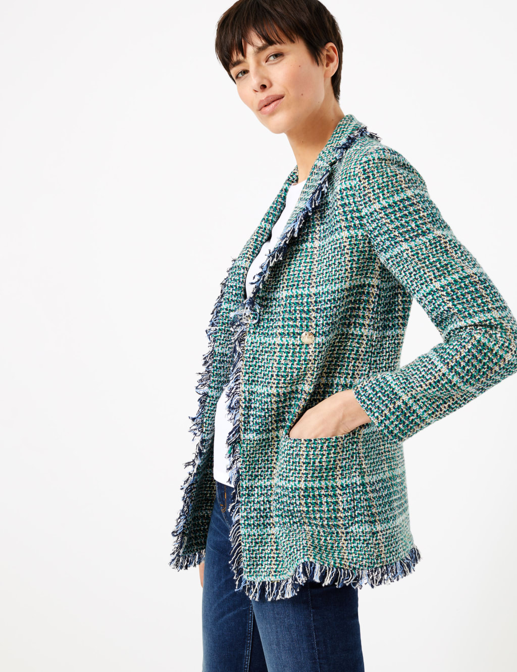 Cotton Rich Tweed Checked Longline Blazer M S Collection M S
