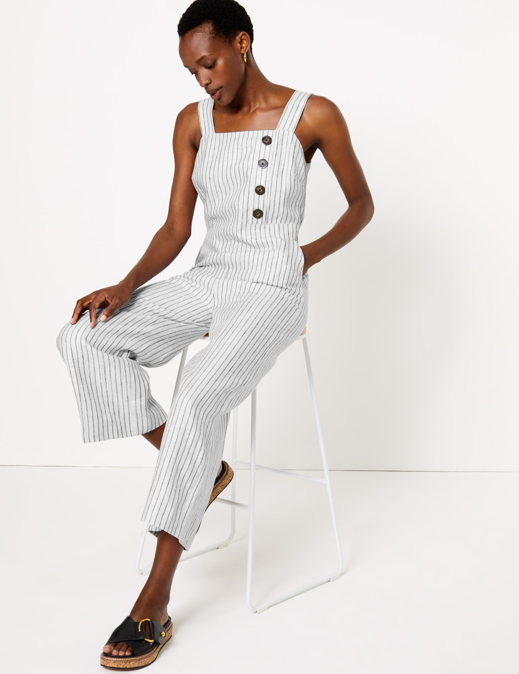 Pure Linen Striped Utility Jumpsuit M S Collection M S