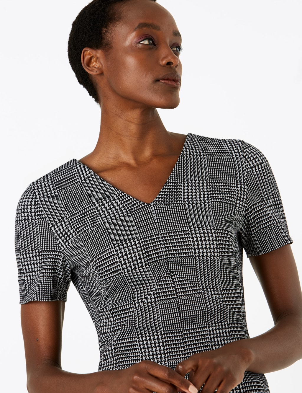 Jersey Checked V-Neck Midi Tailored Dress 3 of 4