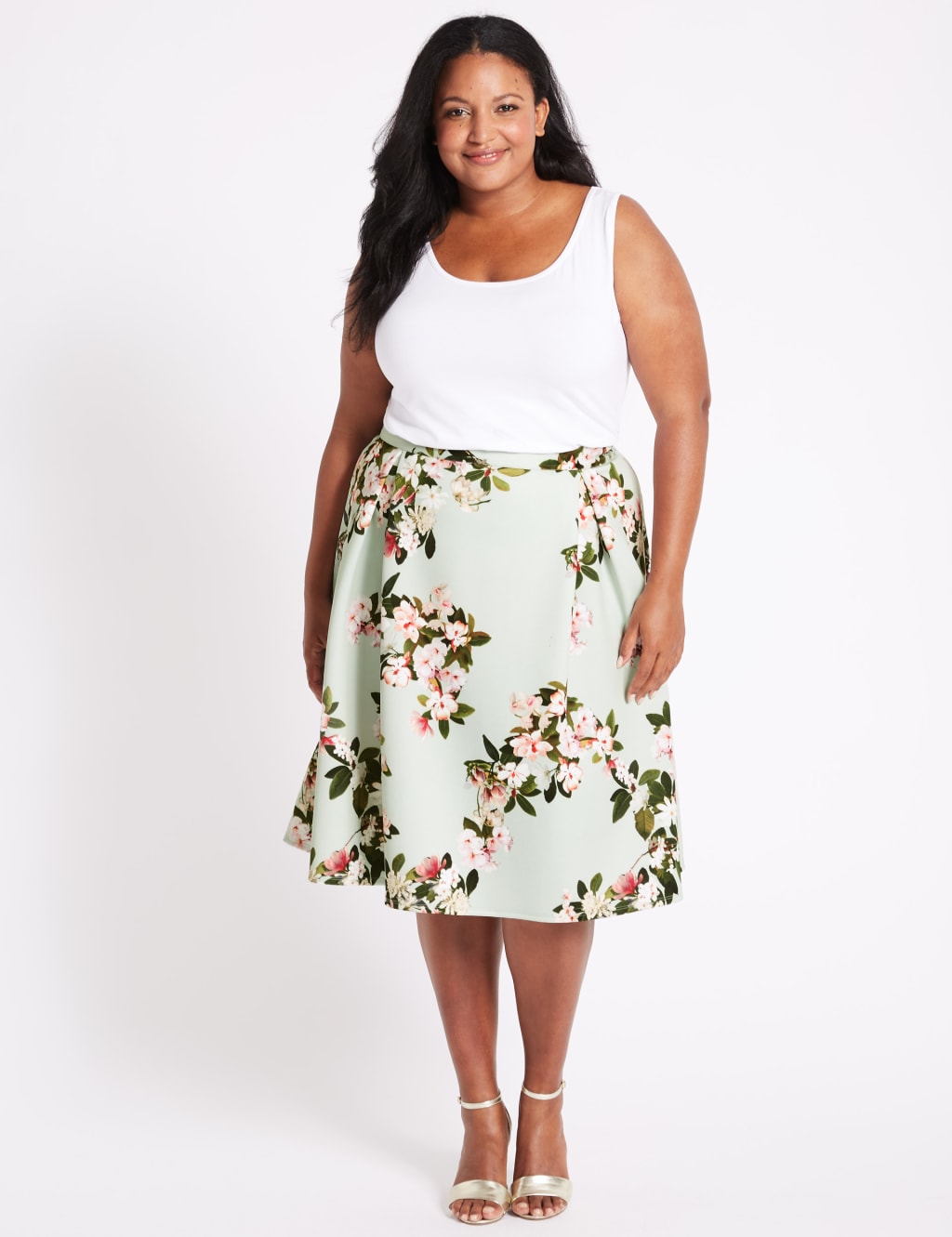 CURVE Floral Print Scuba A Line Midi Skirt M S Collection M S