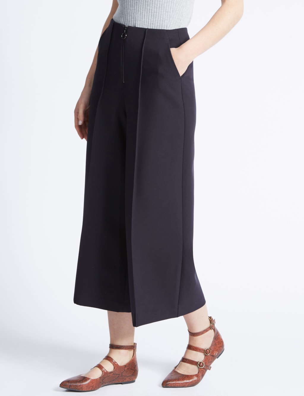 Front Zip Wide Leg Cropped Trousers M S Collection M S