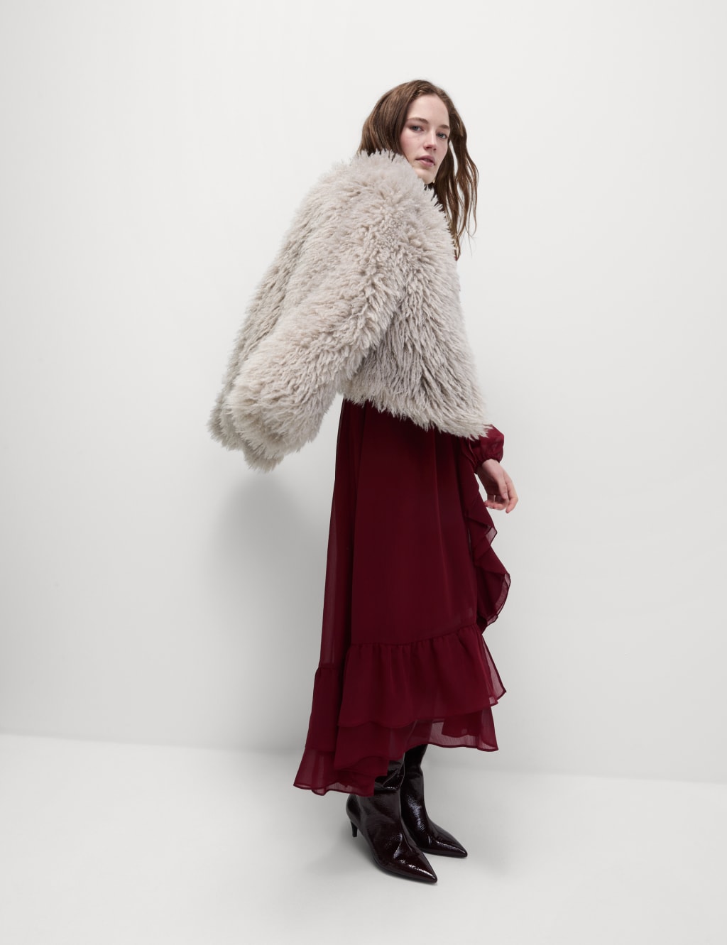 Faux Fur Collarless Short Coat M S Collection M S