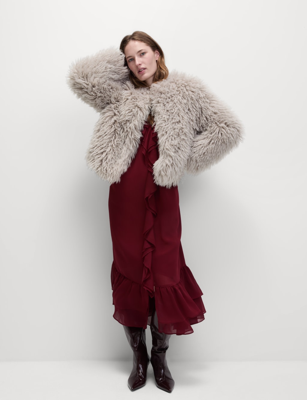 Faux Fur Collarless Short Coat M S Collection M S