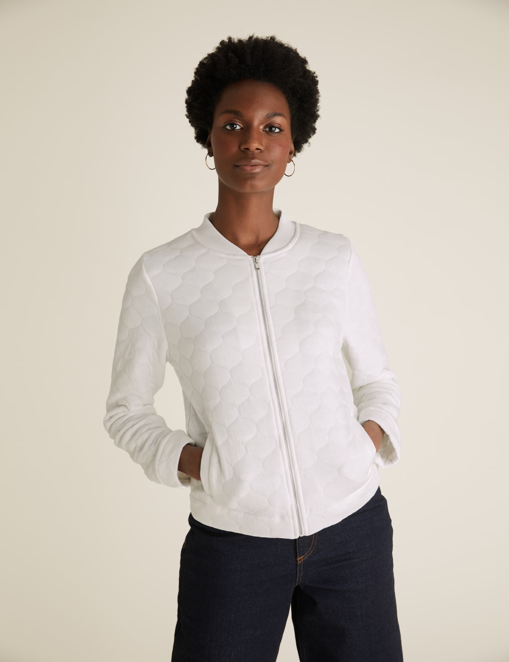 White quilted bomber jacket hot sale