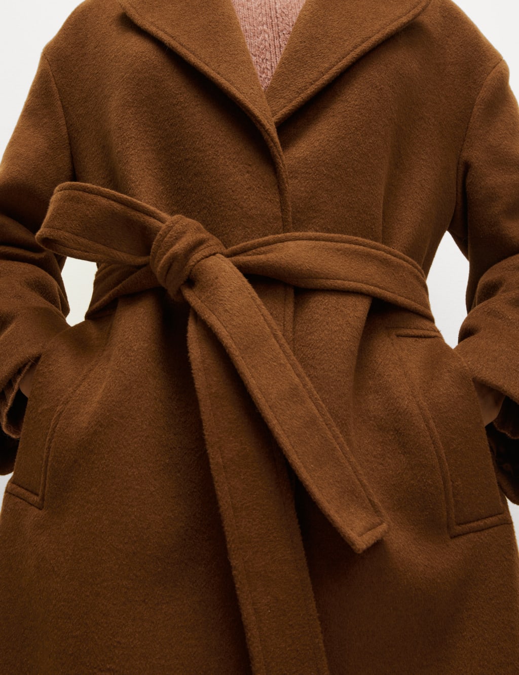 Wool blend belted wrap coat top