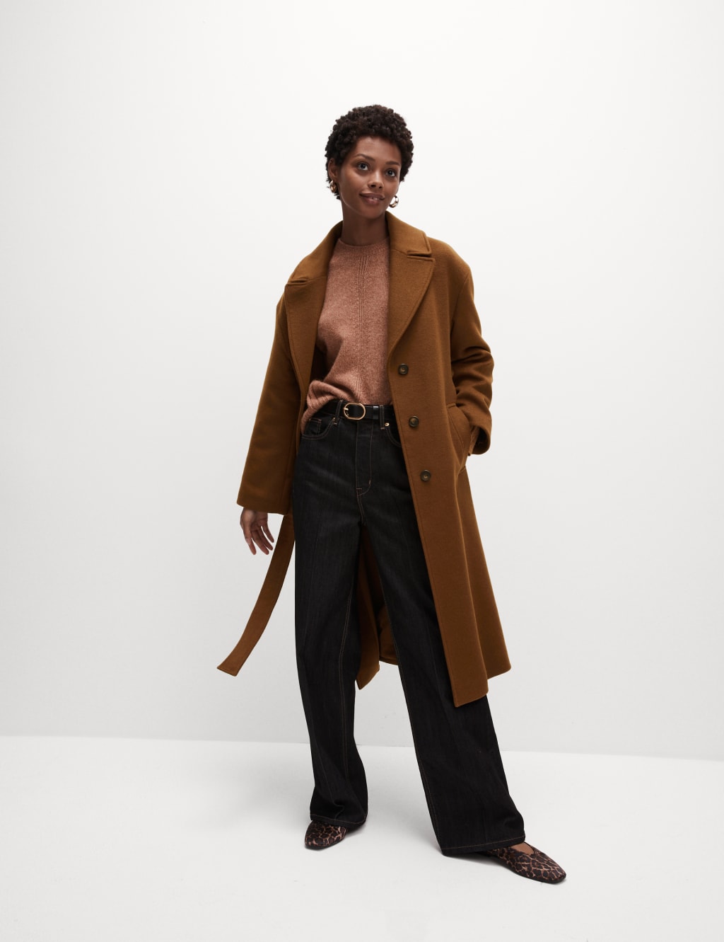 Wool blend belted wrap coat top