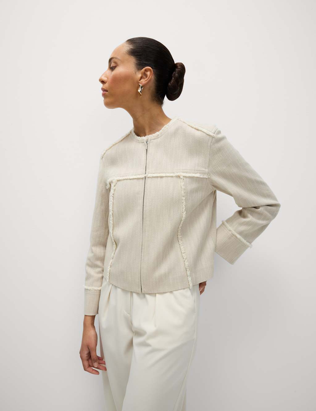 Pure Cotton Collarless Frayed Edge Jacket 3 of 7
