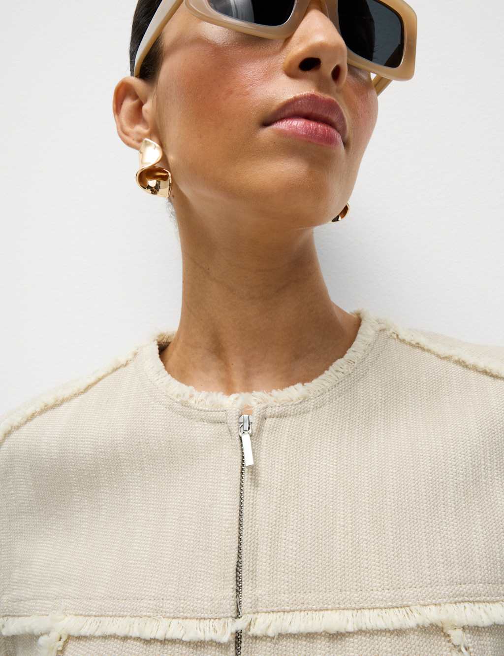 Pure Cotton Collarless Frayed Edge Jacket 5 of 7
