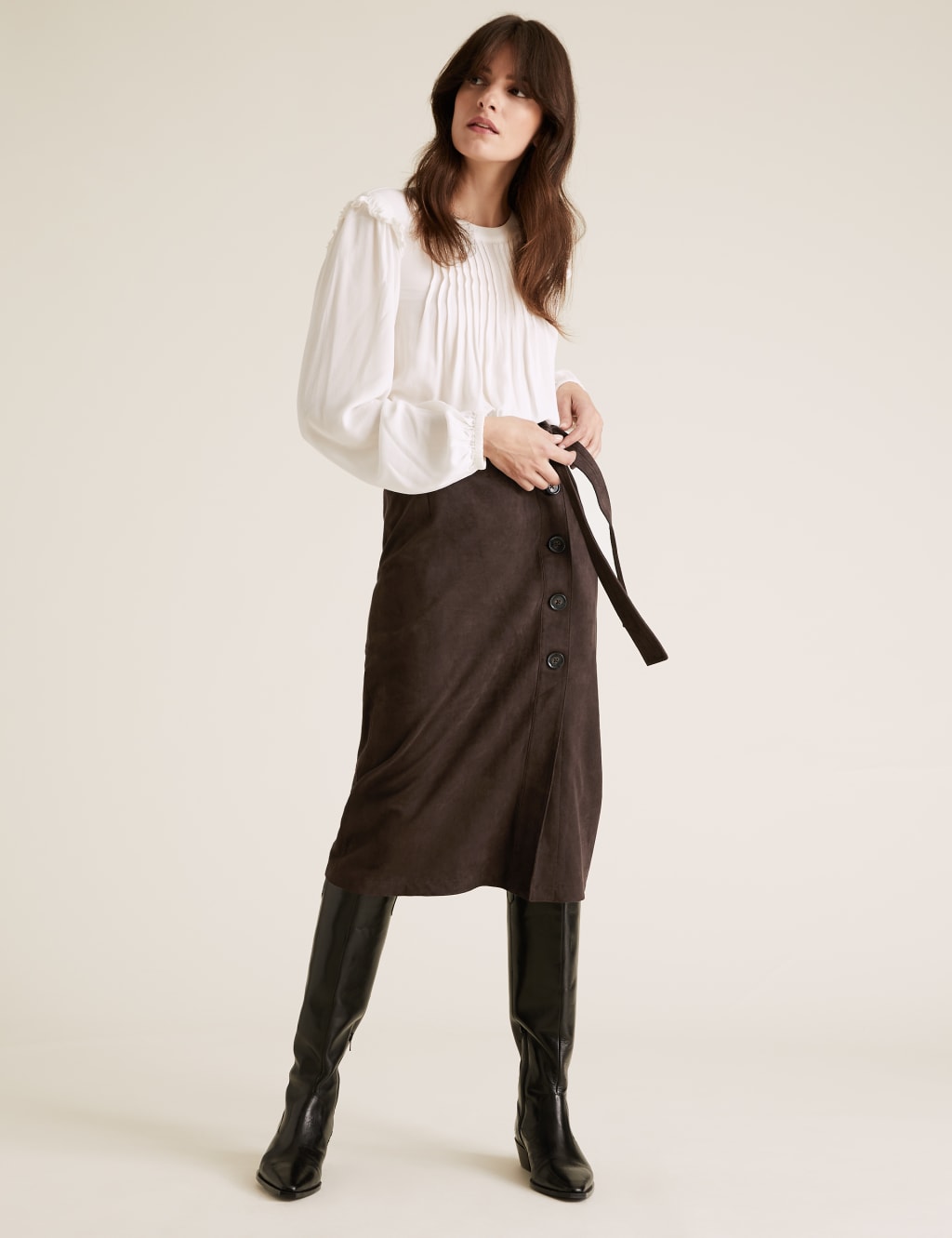 Suedette Tie Waist Midi A-Line Skirt 1 of 6