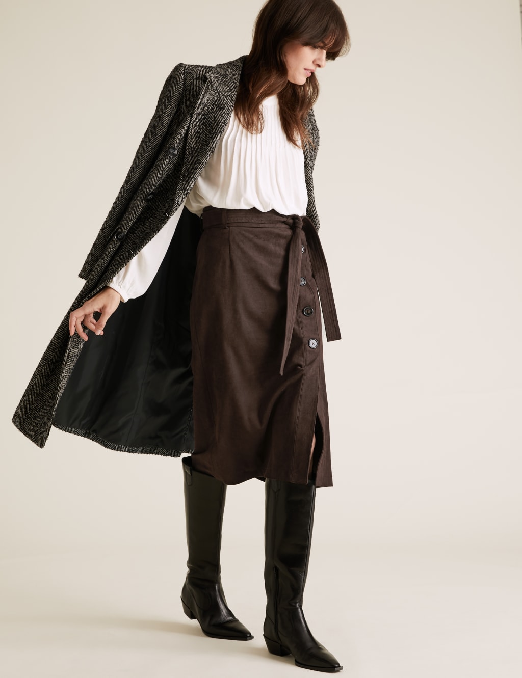 Suedette Tie Waist Midi A-Line Skirt 3 of 6
