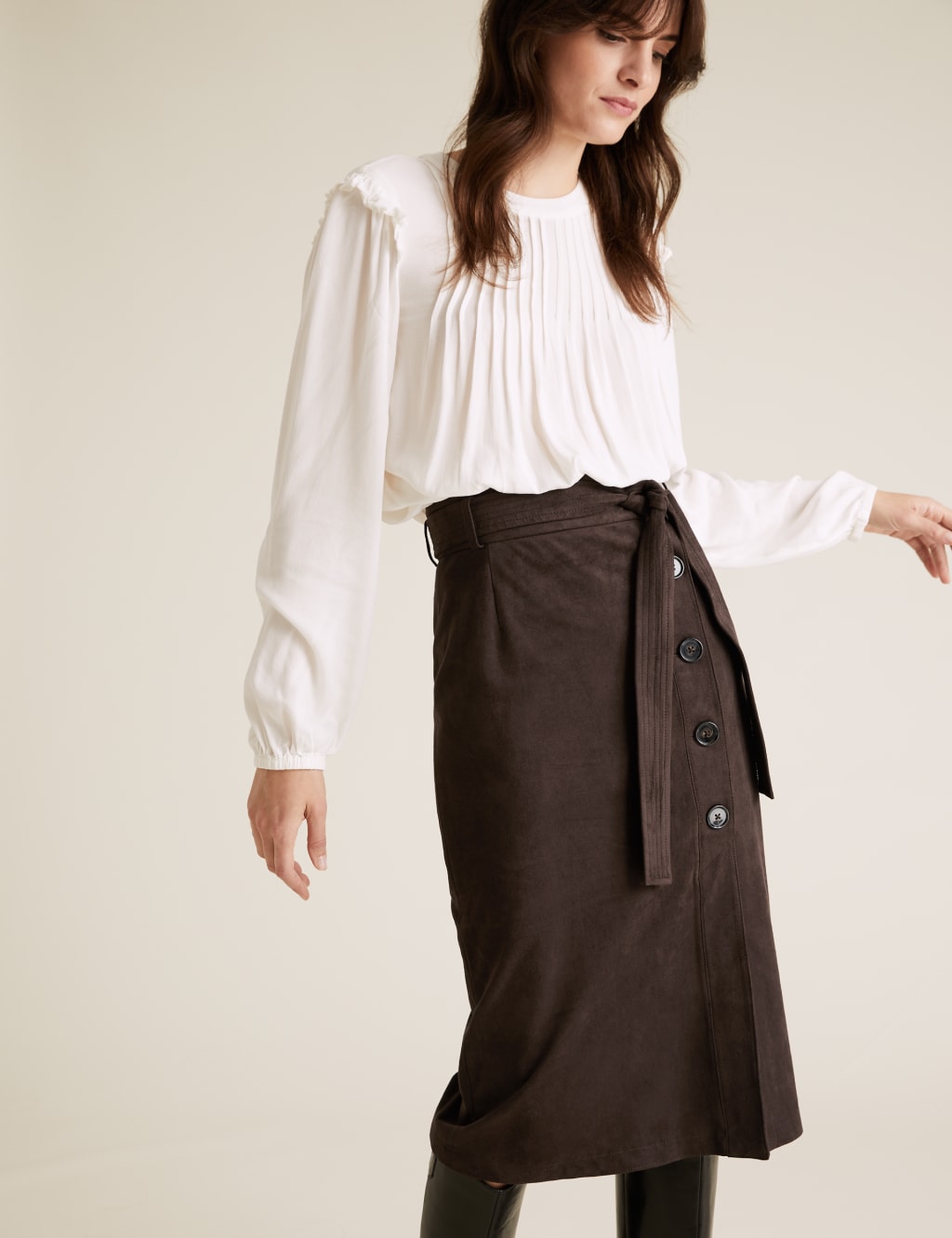 Suedette Tie Waist Midi A-Line Skirt 6 of 6