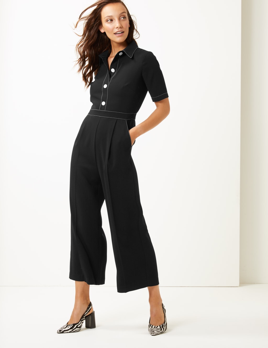 Collared Short Sleeve Jumpsuit M S Collection M S