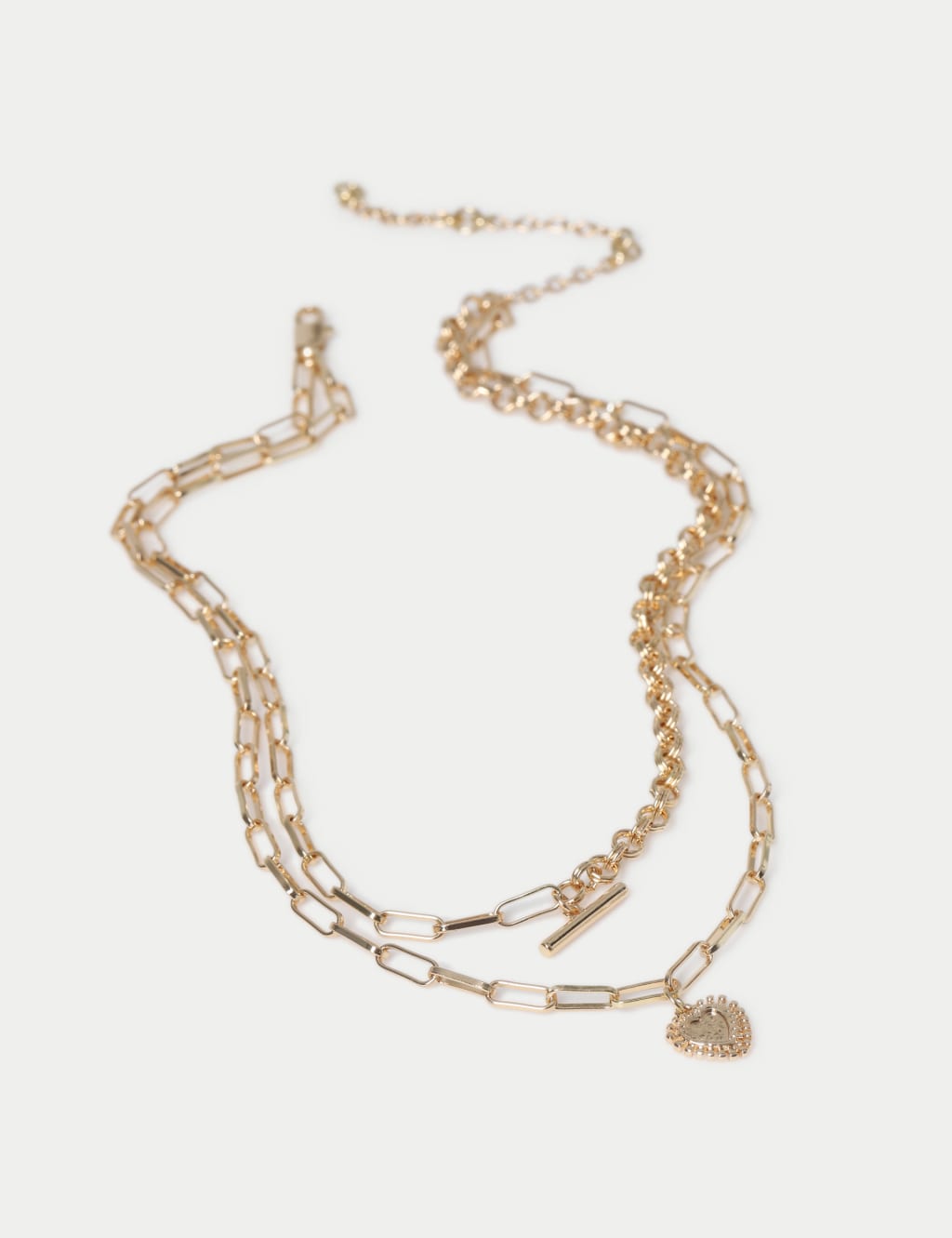 Gold Tone Heart T bar Multi Row Necklace