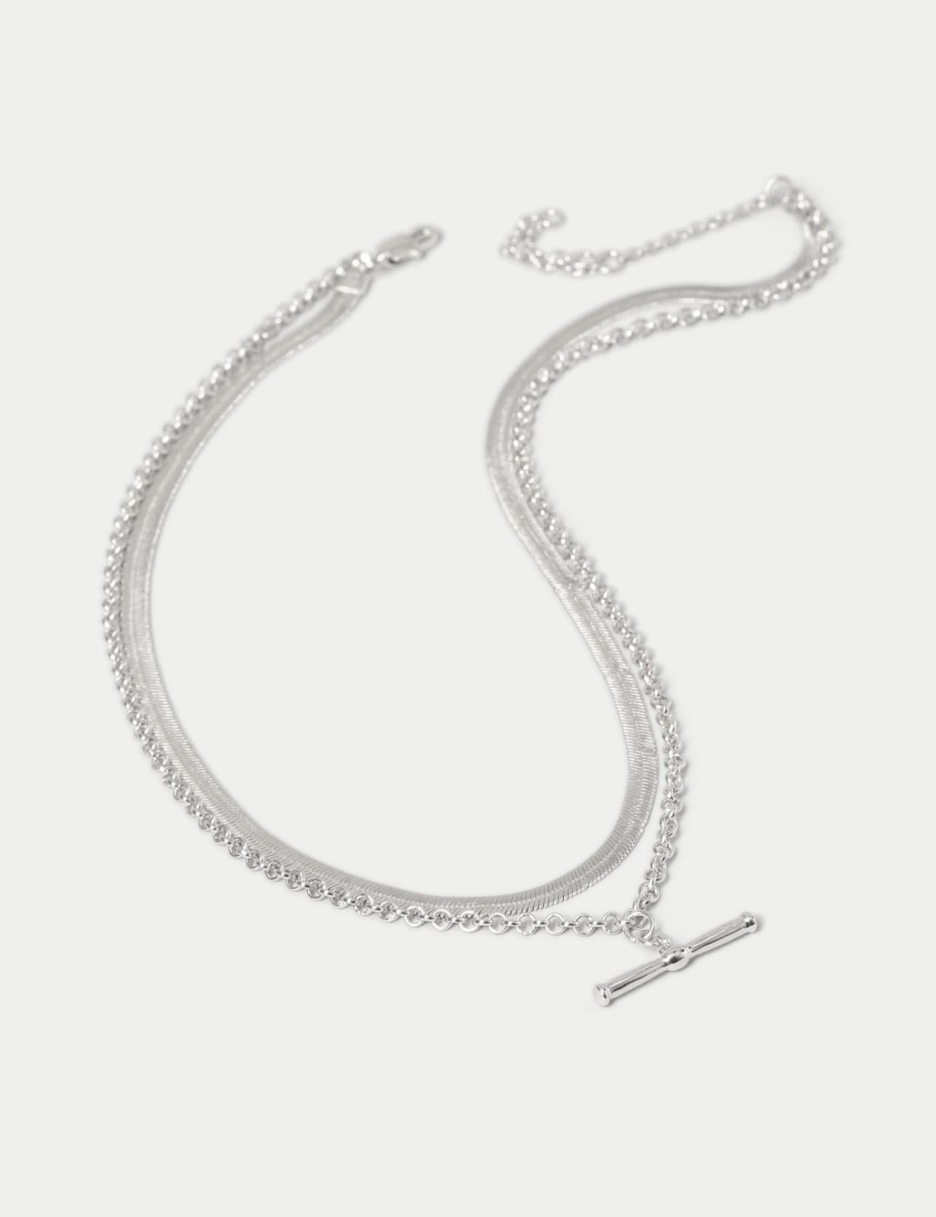 Silver Tone Snake Chain Multi Row T-Bar Necklace 3 of 3