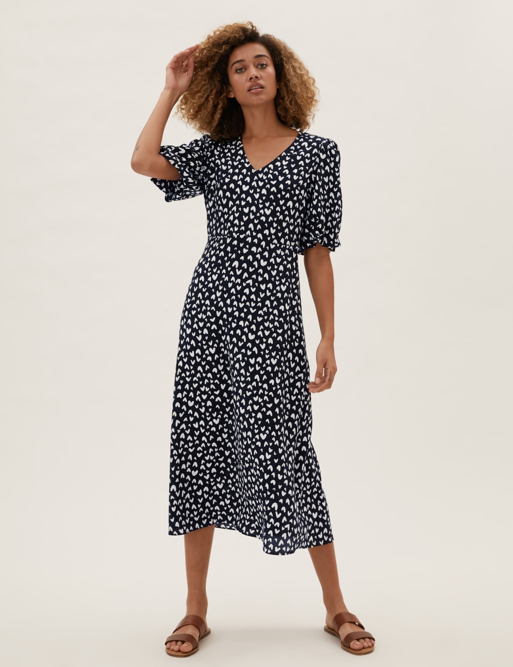 Heart Print V Neck Midi Tea Dress M S Collection M S