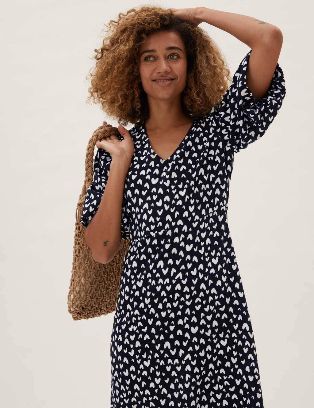 Heart Print V Neck Midi Tea Dress M S Collection M S