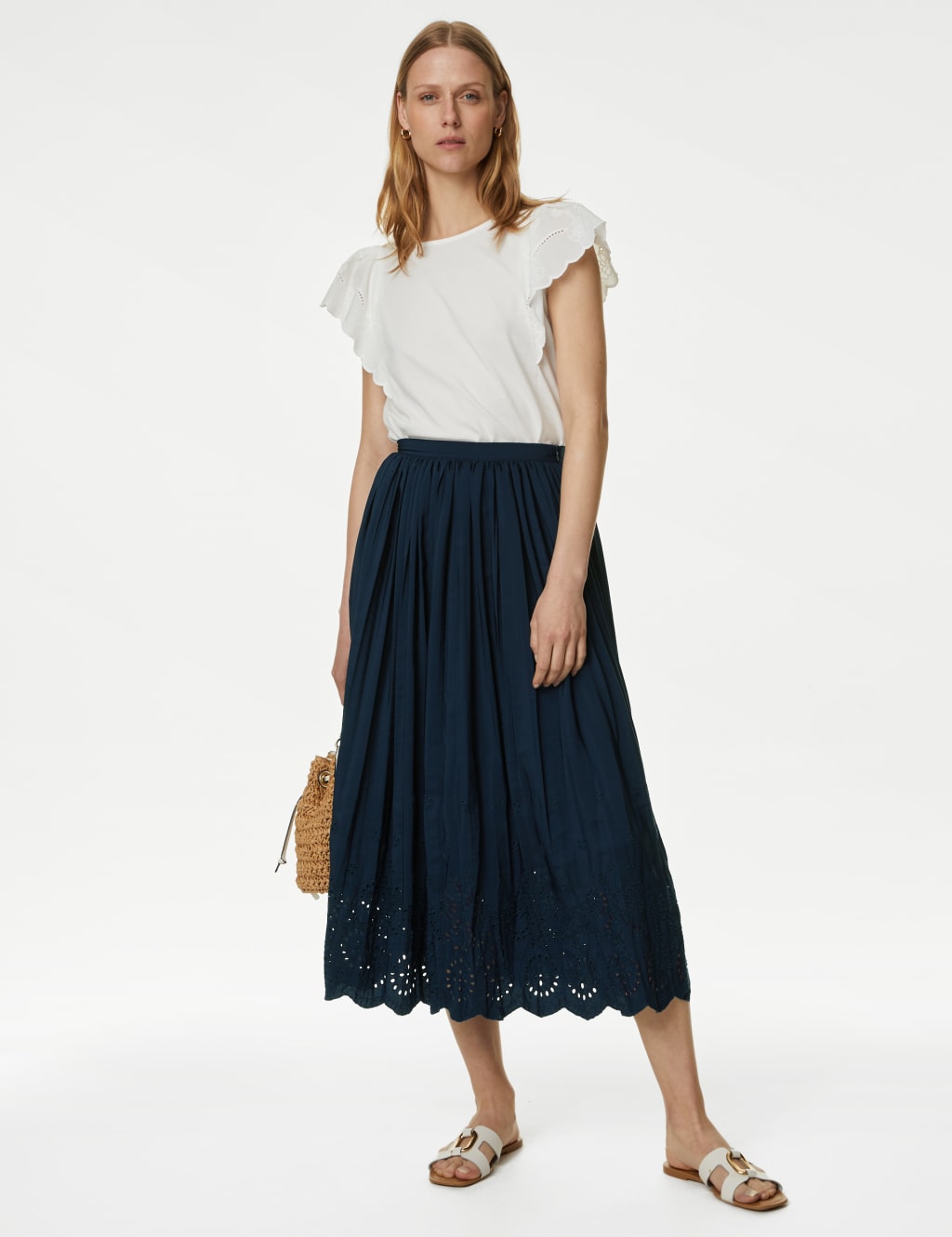 Broderie Pleated Midaxi Skirt