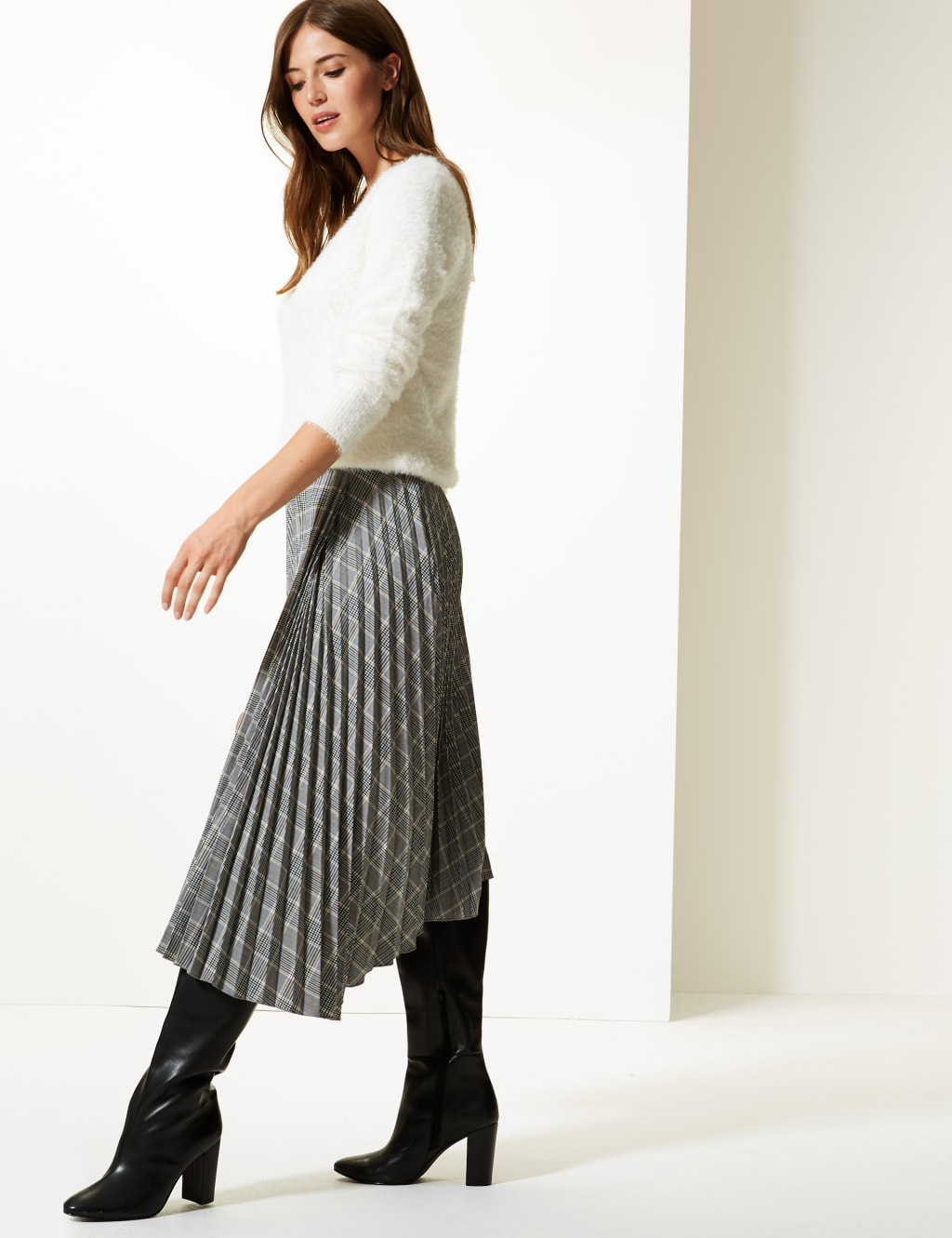 Checked Asymmetric Pleated Midi Skirt 1 of 6