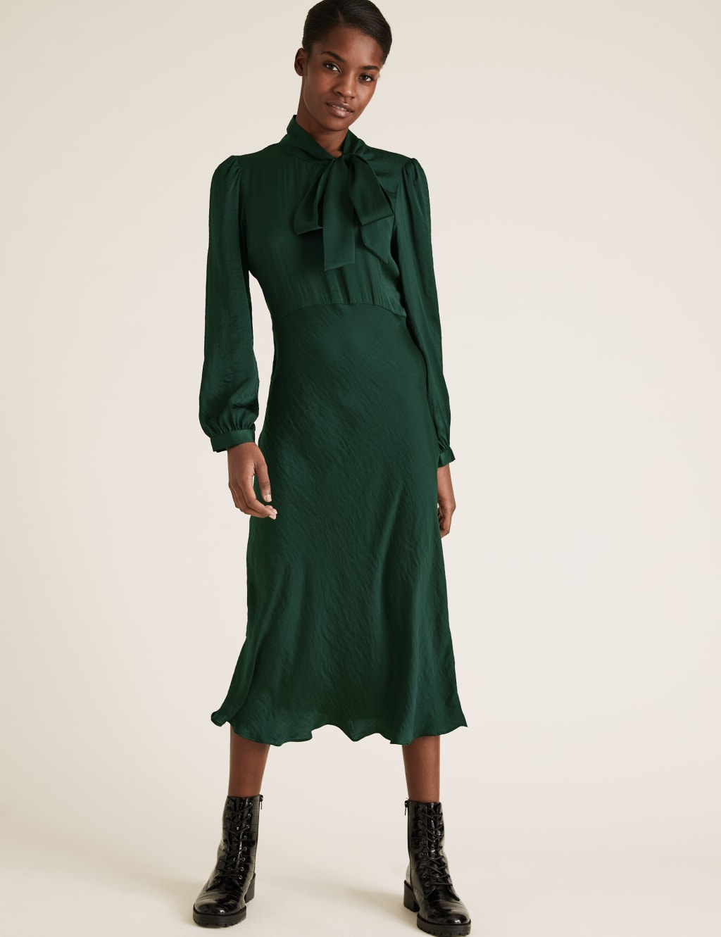 Satin Tie Neck Midi Skater Dress M S Collection M S